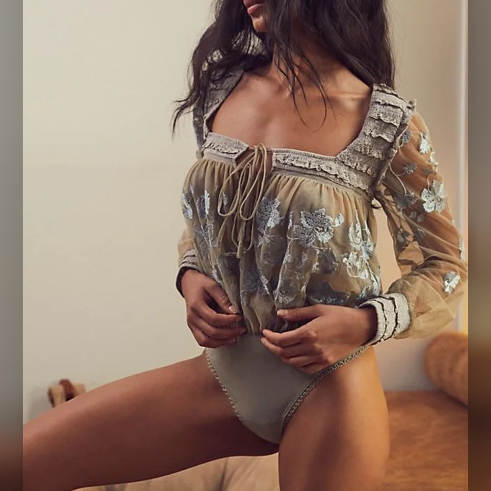 Free People Sheer Meadows Bodysuit Embroidered Mesh Romantic Pretty XS